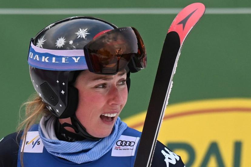 US' Mikaela Shiffrin reacts in the finishing area after competing in the second run of the Women's Giant Slalom event of FIS Alpine Skiing World Cup in Spindleruv Mlyn on January 24, 2026.   Michal Cizek / AFP