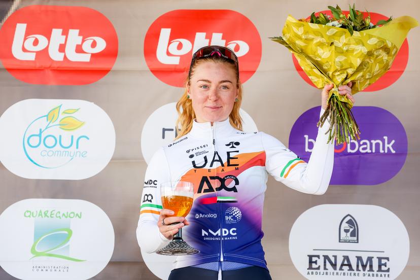 Irish Lara Gillespie of UAE Team ADQ pictured on the podium after the 'Samyn des Dames' one day cycling race, 122km from Quaregnon to Dour on Tuesday 04 March 2025. BELGA PHOTO VIRGINIE LEFOUR