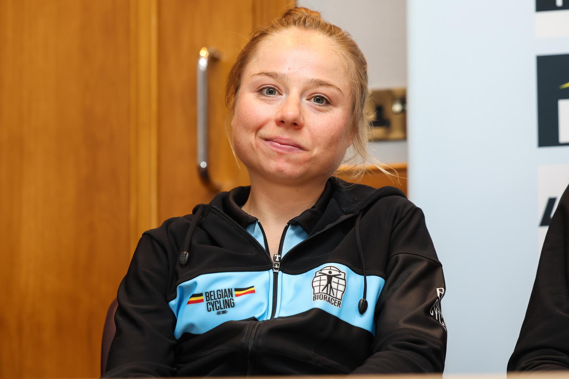 Belgian Justine Ghekiere pictured during a press conference at the UCI Road World Championships Cycling 2023, in Glasgow, United Kingdom on Thursday 10 August 2023. UCI organizes the worlds with all cycling disciplines, road cycling, indoor cycling, mountain bike, BMX racing, road paracycling and indoor paracycling, in Glasgow from 05 to 13 August. BELGA PHOTO DAVID PINTENS