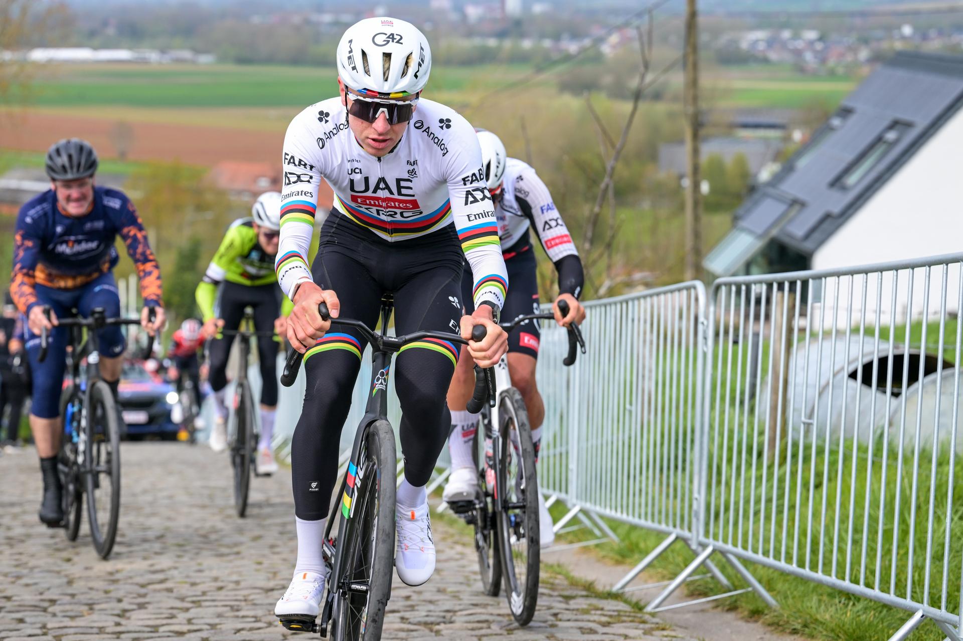 Slovenian Tadej Pogacar of UAE Team Emirates-XRG pictured in action during pictured at a track reconaissance ahead of the Ronde van Vlaanderen/ Tour des Flandres/ Tour of Flanders cycling race, Friday 03 April 2026. The 110th edition of the cycling race will take place on Sunday 05 April. BELGA PHOTO DAVID PINTENS