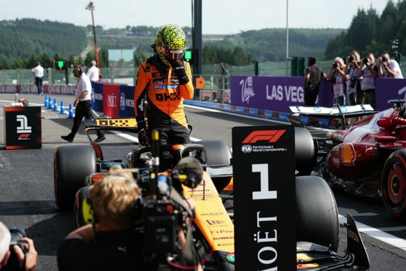 McLaren's British driver Lando Norris following his pole position after the qualifying session ahead of the Formula One Belgian Grand Prix at the Spa-Francorchamps circuit in Spa, on July 26, 2025.  Dimitar DILKOFF / AFP