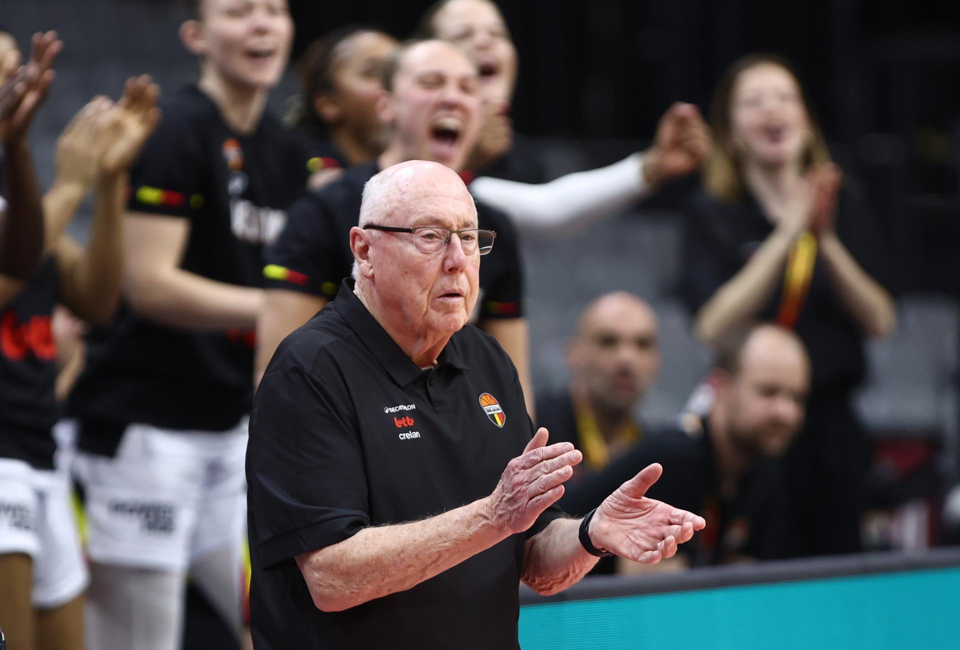 Belgium's head coach Mike Thibault celebrates during a basket game between Belgium's national team Belgian Cats and Mali, in Wuhan, China, on Saturday 14 March 2026, the third game (out of 5) of the qualifications phase for the World Cup Basket tournament. BELGA PHOTO NIKOLA KRSTIC