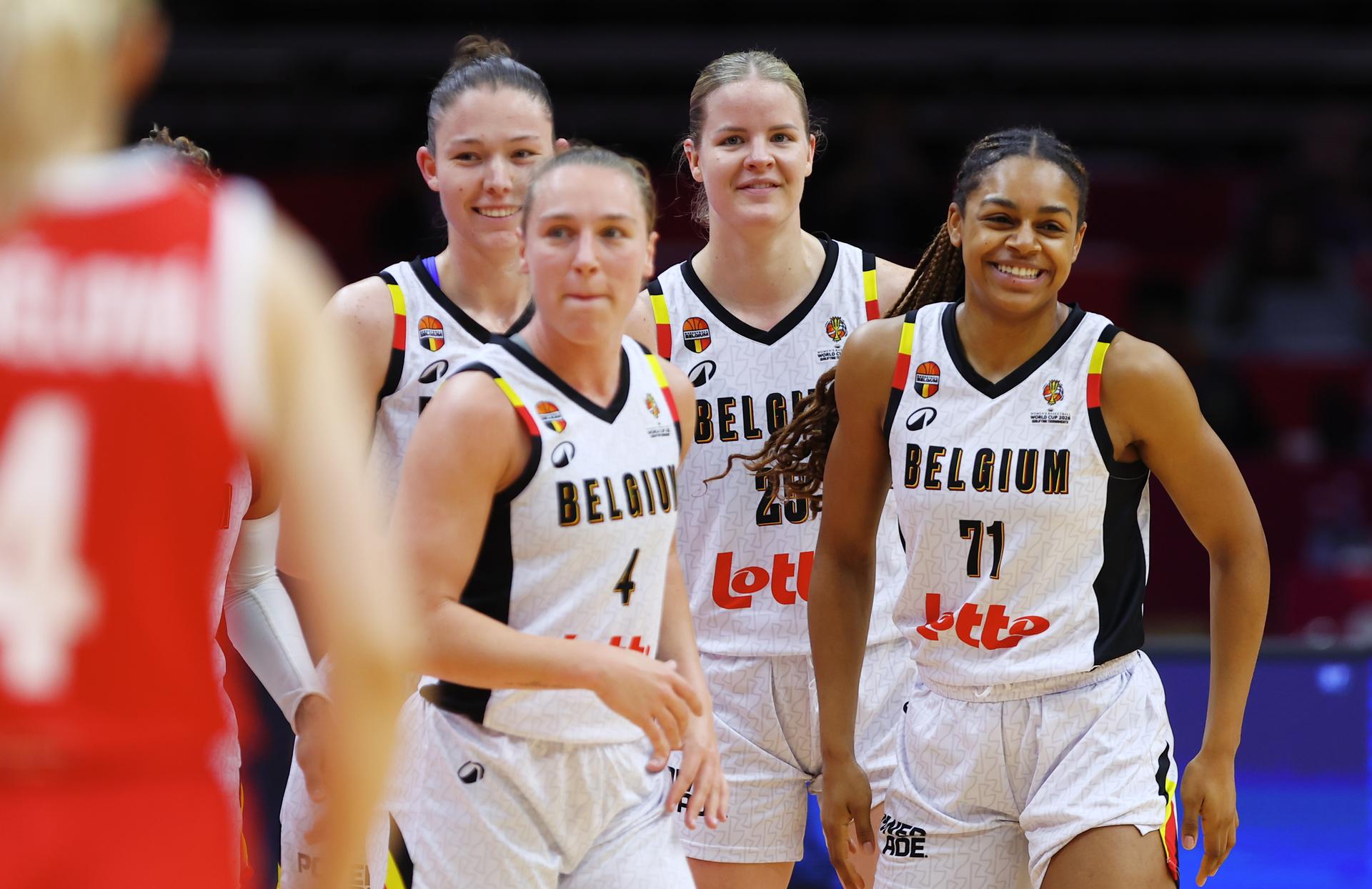 Belgium's Elise Ramette, Belgium's Ine Joris, Belgium's Becky Massey and Belgium's Alicia Courthiau pictured during a basket game between Belgium's national team Belgian Cats and Czech Republic, in Wuhan, China, on Tuesday 17 March 2026, the fifth game (out of 5) of the qualifications phase for the World Cup Basket tournament. BELGA PHOTO NIKOLA KRSTIC