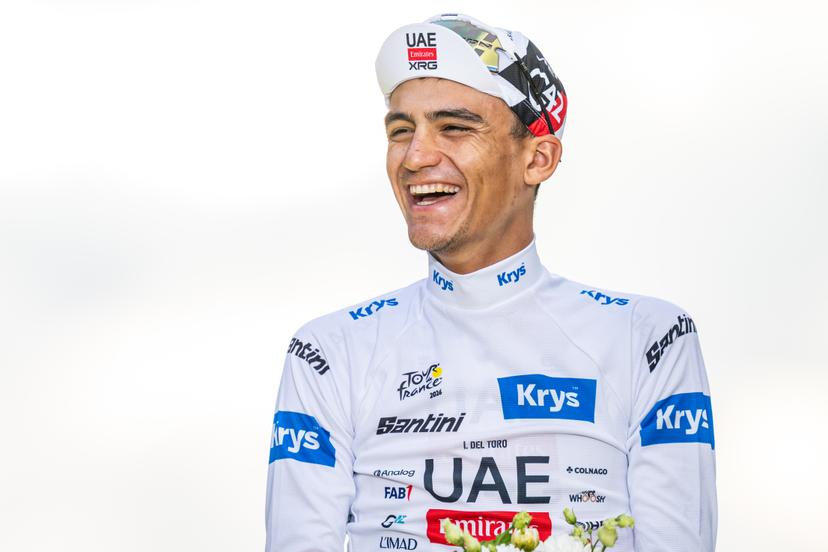 Mexican Isaac Del Toro of UAE Team Emirates XRG pictured on the podium after stage 21 of the 2026 Tour de France cycling race, a stage of 130km from Thoiry to Paris Champs-Elysees , on Sunday 26 July 2026. The 113th edition of the Tour de France starts on Saturday 4 July in Barcelona, Spain, and will finish in Paris, France on the 26th of July. BELGA PHOTO DAVID PINTENS