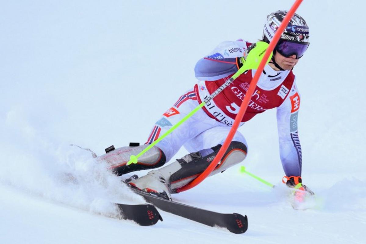 Norway's Timon Haugan competes during the first run of the Men's Slalom event of the FIS Alpine Skiing World Cup in Val d'Isere, on December 14, 2025.  Olivier CHASSIGNOLE / AFP