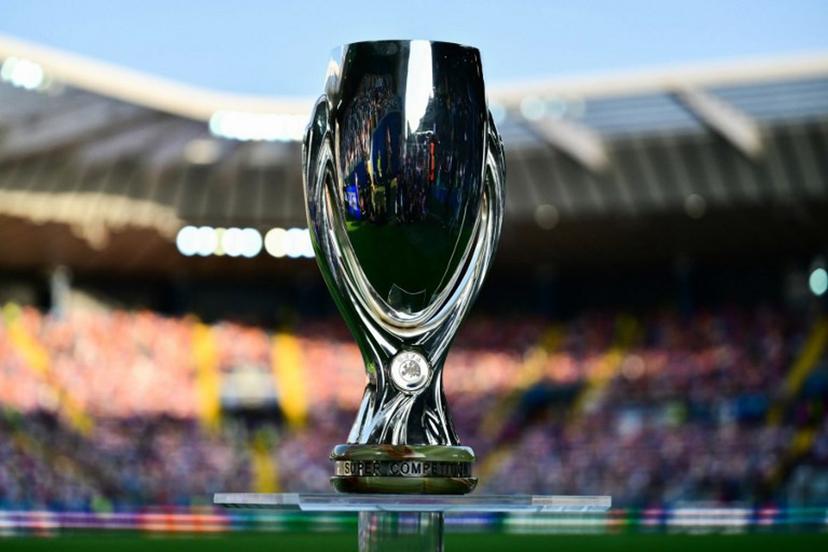 The UEFA Super Cup trophy is displayed prior to the 2025 UEFA Super Cup final football match between Paris Saint-Germain (FRA) and Tottenham Hotspur FC (ENG) at the Friuli stadium, in Udine, on August 13, 2025.  Marco BERTORELLO / AFP