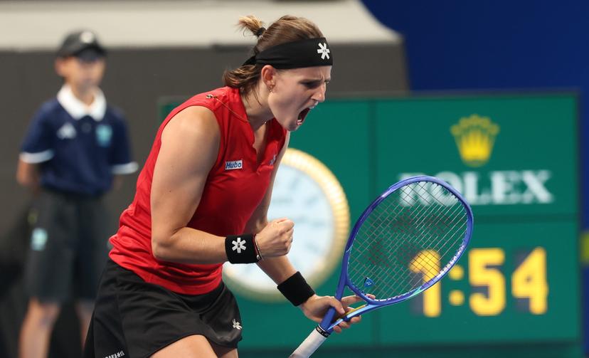 Belgian Greet Minnen celebrates during a tennis match between Ukrainian Svitolina and Belgian Minnnen, the second rubber in the tie between Belgium and Ukraine in the Quarter Finals of the Billie King Cup tournament, on Thursday 24 September 2026 in Shenzhen, China. BELGA PHOTO VIRGINIE LEFOUR