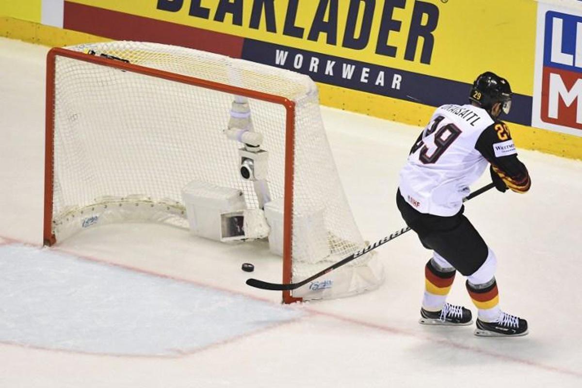 Germany's forward Leon Draisaitl score his side's 4th goal during the IIHF Men's Ice Hockey World Championships Group A match between Finland and Germany on May 21, 2019 in Kosice, Slovakia.  JOE KLAMAR / AFP