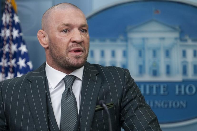 (FILES) Irish professional mixed martial artist and businessman Conor McGregor speaks from the White House briefing room podium in Washington, DC, on March 17, 2025. Mixed martial arts star Conor McGregor has been issued an 18-month suspension after missing three drug tests in a 12-month period, anti-doping authorities said October 7, 2025. Jim WATSON / AFP