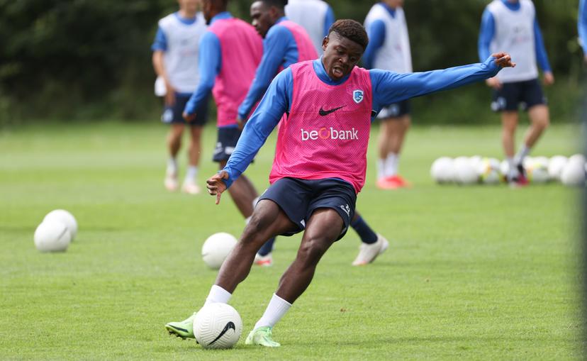 Genk's Bryan Limbombe pictured in action during a training session of Belgian Jupiler Pro League club KRC Genk ahead of the Supercup game, Friday 16 July 2021 in Burgh-Haamstede, The Netherlands. BELGA PHOTO VIRGINIE LEFOUR