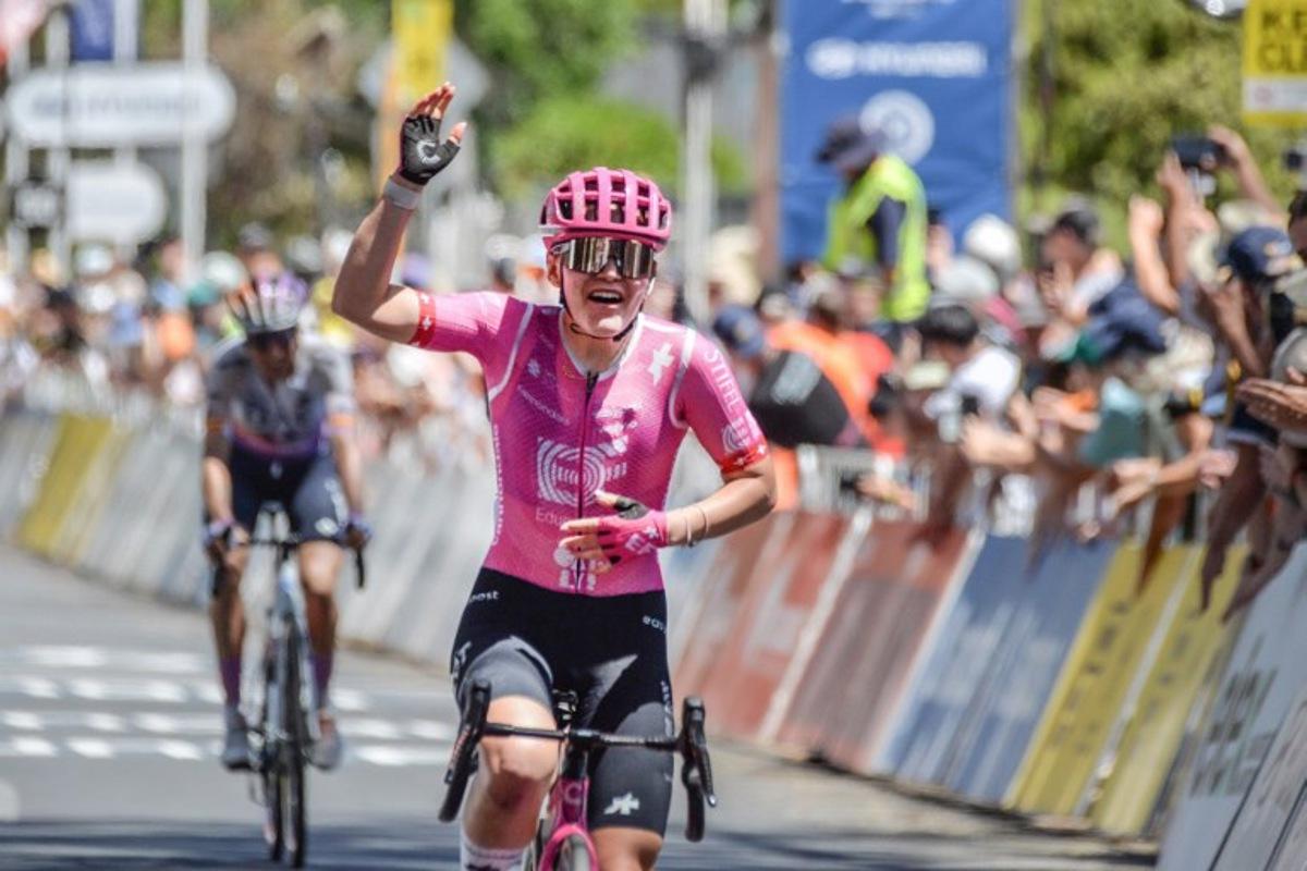 EF Education - Oatly rider Noemi Ruegg of Switzerland celebrates winning the final stage three of the women's 2026 Tour Down Under cycling race in Adelaide on January 19, 2026.  Brenton Edwards / AFP