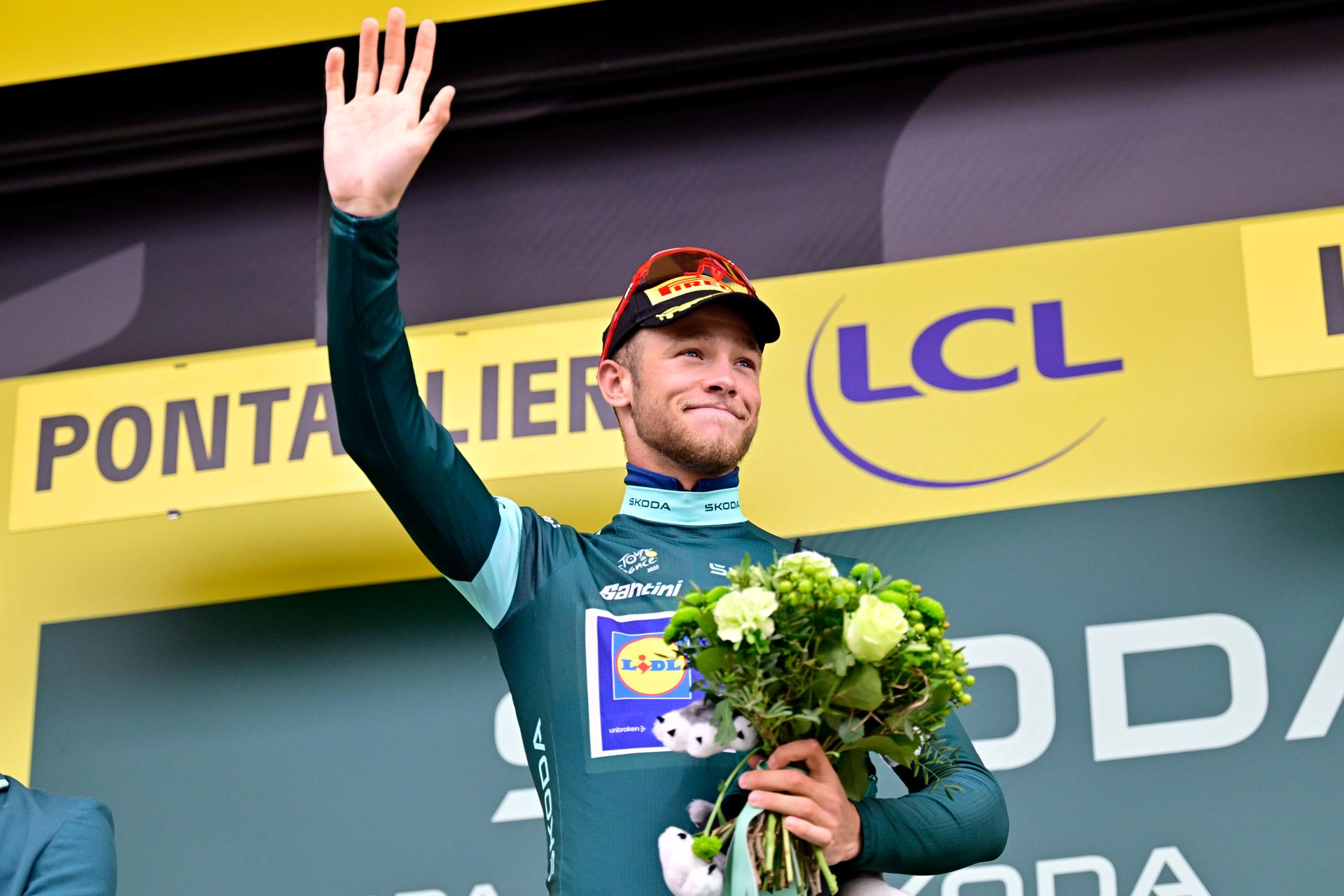 Italian Jonathan Milan of Lidl-Trek celebrates in the green jersey of leader in the points ranking after stage 20 of the 2025 Tour de France cycling race, from Nantua to Montpellier (185km), on Saturday 26 July 2025 in France. The 112th edition of the Tour de France starts on Saturday 5 July in Lille, France, and will finish in Paris, France on the 27th of July. BELGA PHOTO DIRK WAEM