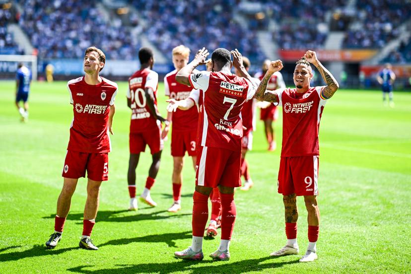 Antwerp's Gyrano Kerk and Antwerp's Tjaronn Chery celebrate after scoring during a soccer match between KAA Gent and Royal Antwerp FC, Sunday 11 May 2025 in Gent, on day 8 (out of 10) of the Champions' Play-offs of the 2024-2025 'Jupiler Pro League' first division of the Belgian championship. BELGA PHOTO TOM GOYVAERTS