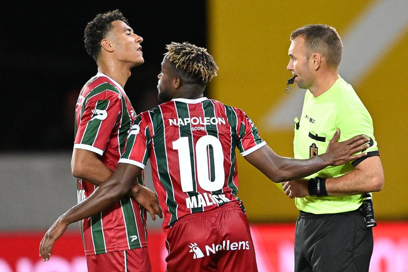 Essevee's Malick Mbaye receives a red card from the referee during a soccer match between SV Zulte Waregem and Kaa Gent, Saturday 10 October 2026 in Waregem, on day 8 of the 2026-2027 'Jupiler Pro League' first division of the Belgian championship, in Waregem. BELGA PHOTO JILL DELSAUX