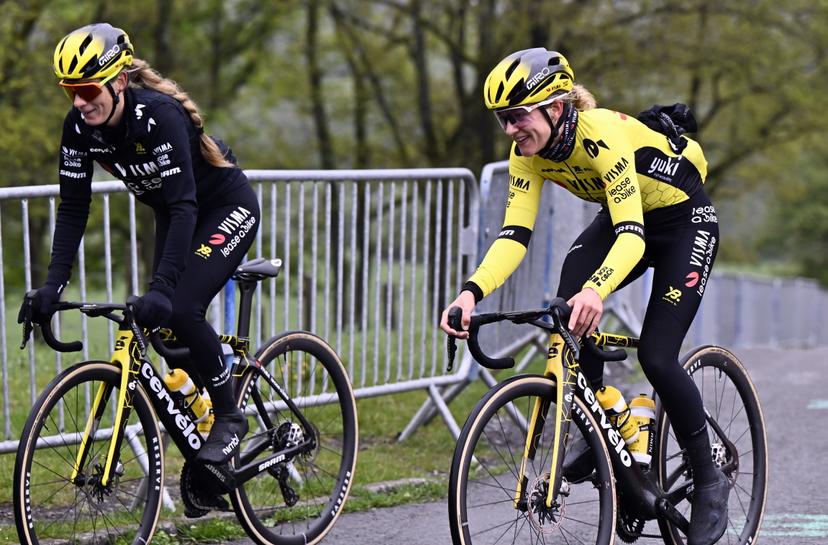 Slovak Viktoria Chladonova of Team Visma-Lease a Bike and Dutch Femke De Vries of Team Visma-Lease a Bike pictured in action during a training and track reconnaissance session, on the 'Cote de la Redoute', in Remouchamps, Aywaille, ahead of the Liege-Bastogne-Liege one day cycling race, Thursday 24 April 2025. BELGA PHOTO ERIC LALMAND