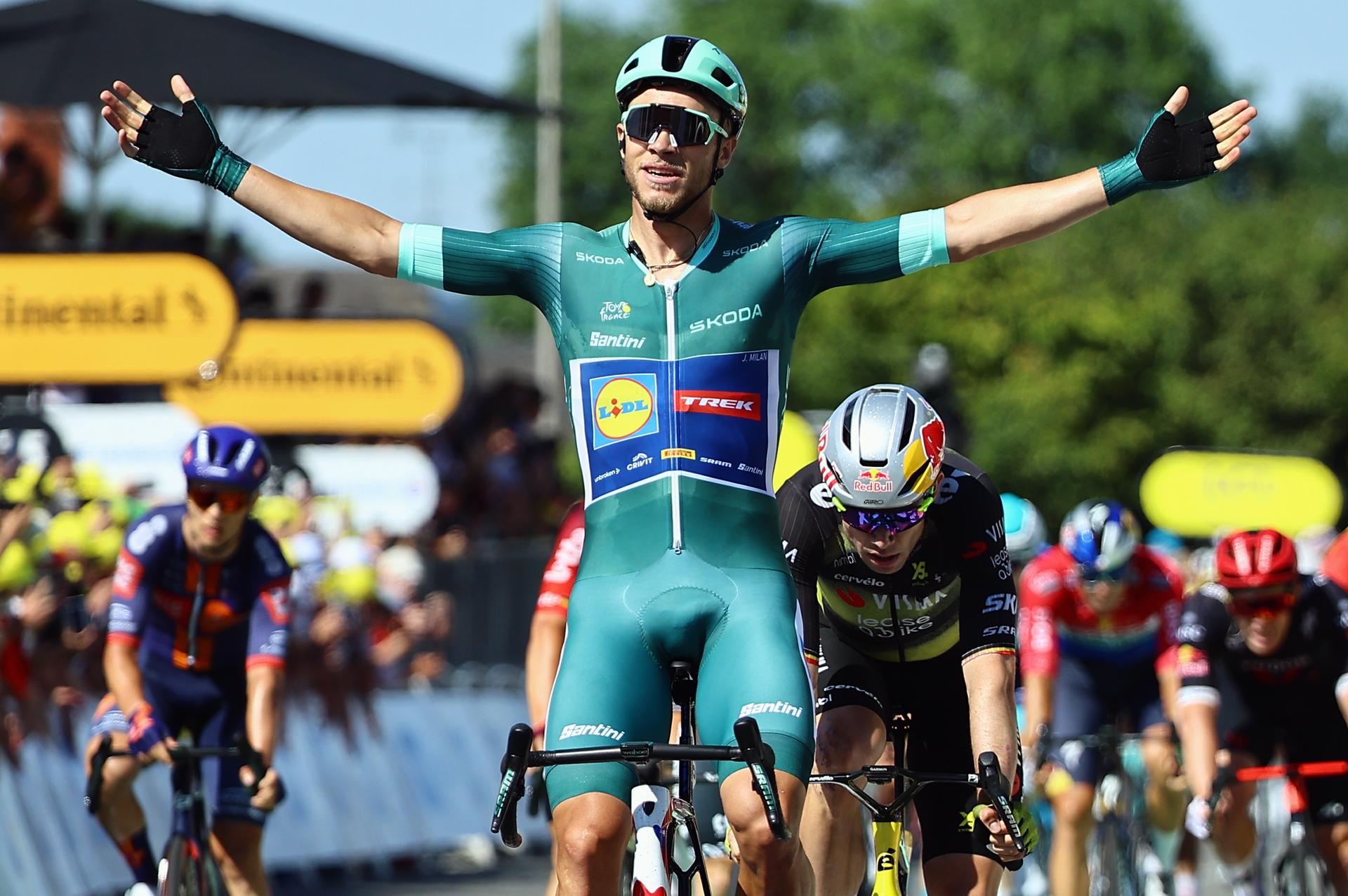 Italian Jonathan Milan of Lidl-Trek celebrates after winning stage eight of the 2025 Tour de France cycling, from Saint-Meen-le-Grand to Laval Espace Mayenne (174 km), on Saturday 12 July 2025 in France. The 112th edition of the Tour de France starts on Saturday 5 July in Lille, France, and will finish in Paris, France on the 27th of July. BELGA PHOTO DAVID PINTENS