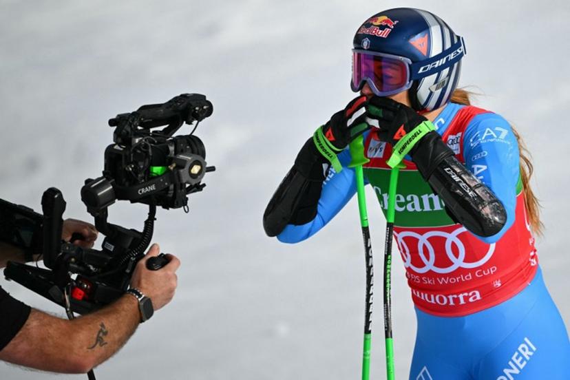 Italy's Sofia Goggia reacts after crossing the finish line of the women's super G race, part of the FIS Alpine Ski World Cup 2025-2026 in Soldeu on March 1, 2026.  Lionel BONAVENTURE / AFP