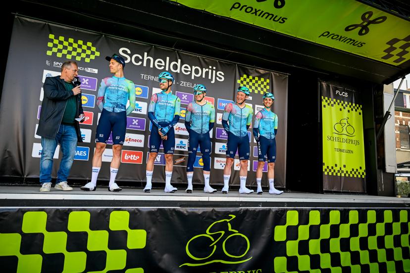 XDS Astana Team riders pictured at the start of the men's race of the 113th edition of the 'Scheldeprijs' one day cycling event, 202,8 km from Terneuzen, the Netherlands to Schoten, Belgium on Wednesday 09 April 2025. BELGA PHOTO TOM GOYVAERTS