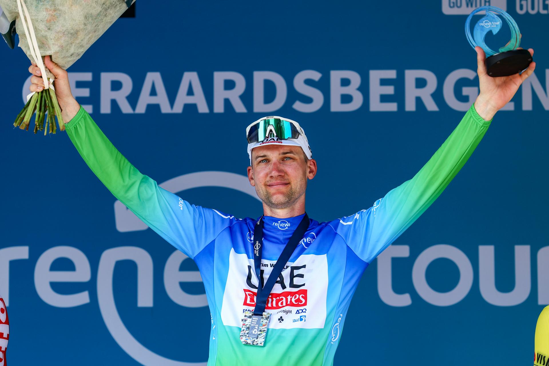 Belgian Tim Wellens of UAE Team Emirates pictured on the podium after the fifth and last stage of the 'Renewi Tour' multi-stage cycling race, from Menen to Geraardsbergen (202,5 km) on Sunday 01 September 2024. The five-day race takes place in Belgium and the Netherlands. BELGA PHOTO DAVID PINTENS