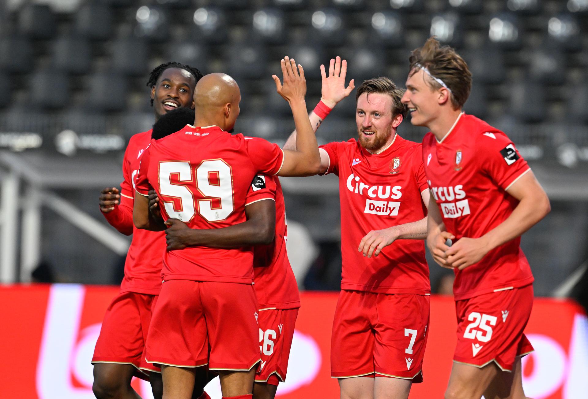Standard's Tobias Mohr celebrates after scoring during a soccer match between Sporting Charleroi and Standard de Liege, Saturday 18 April 2026 in Charleroi, on the third day of the Europe Play-offs (PO2) of the 2025-2026 'Jupiler Pro League' first division of the Belgian championship. BELGA PHOTO JOHN THYS