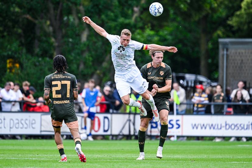 Cercle's Thibo Somers and FC Utrecht's Matisse Didden pictured in action during a friendly soccer game between Dutch team FC Utrecht and Belgian team Cercle Brugge, Saturday 05 July 2025 Utrecht, Netherlands, in preparation of the upcoming 2025-2026 season. BELGA PHOTO TOM GOYVAERTS