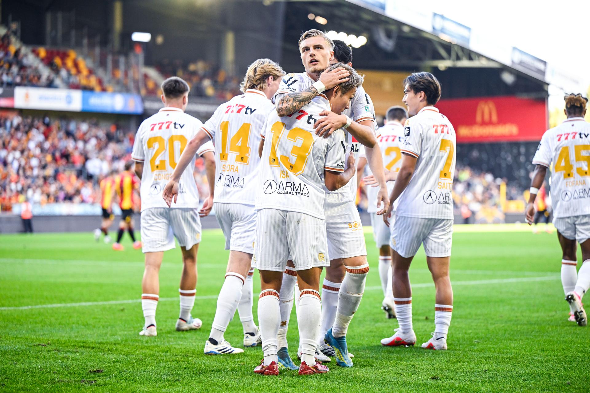 Westerlo's Norman Bassette and Westerlo's Isa Sakamoto celebrate after scoring during a soccer match between KV Mechelen and KVC Westerlo, Saturday 5 September 2026 in Mechelen, on day 5 of the 2026-2027 'Jupiler Pro League' first division of the Belgian championship. BELGA PHOTO TOM GOYVAERTS
