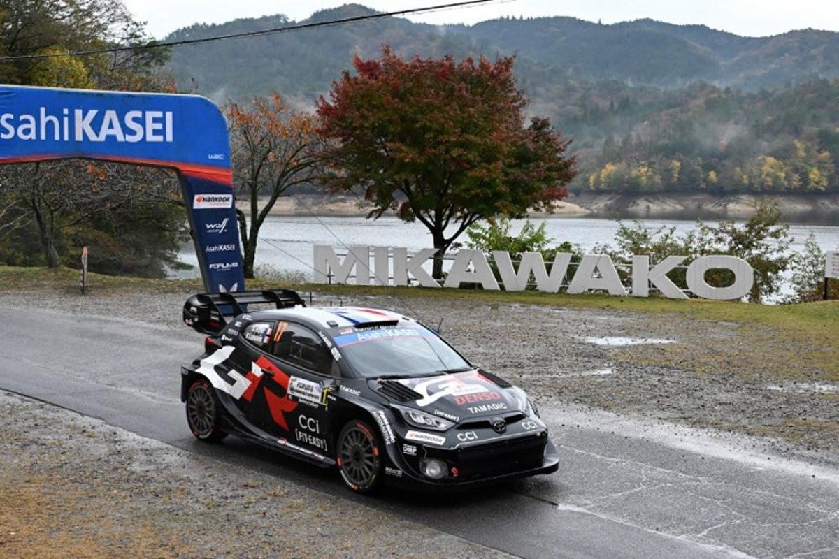 Sebastien Ogier and his co-driver Vincent Landais of France drive their Toyota GR Yaris Rally1　during the SS16 Lake Mikawako section of the Rally Japan, the 13th round of the FIA World Rally Championships, in Toyota city, Aichi prefecture on November 9, 2025.  Toshifumi KITAMURA / AFP
