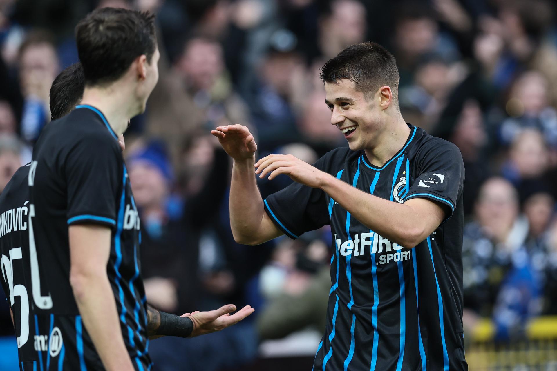 Club's Nicolo Tresoldi celebrates after scoring during a soccer match between Club Brugge and KAA Gent, Sunday 21 December 2025 in Brugge, on day 19 of the 2025-2026 'Jupiler Pro League' first division of the Belgian championship. BELGA PHOTO BRUNO FAHY
