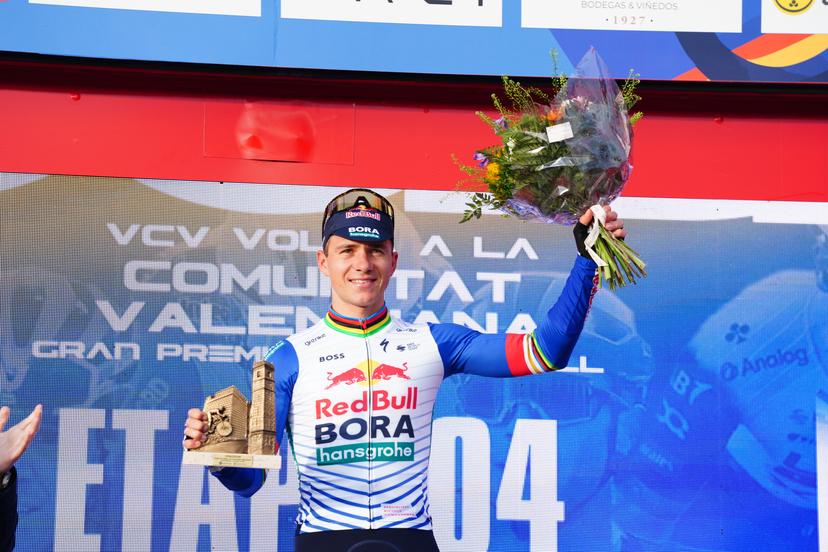 Belgian Remco Evenepoel of Red Bull-BORA-hansgrohe celebrates on the podium after winning stage 4 of the 2026 Volta Comunitat Valenciana, Tour of Valencia cycling race, a race from La Nucia to Teulada Moraira (172,2 km), on Saturday 07 February 2026 in Spain. The race takes place from 4 to 8 February and runs through the three provinces of the Valencian Community. BELGA PHOTO JOMA GARCIA