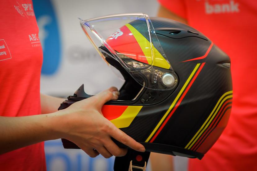 Illustration picture shows a helmet during a press conference of the Belgian bobsleigh team to present the sled in which they will compete at the upcoming Winter Olympic Games, Thursday 25 January 2018 in Antwerp. BELGA PHOTO LUC CLAESSEN