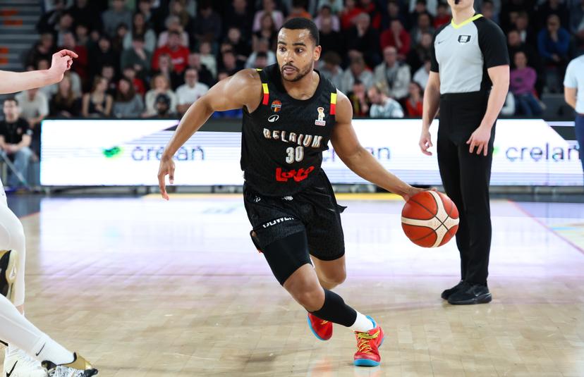 Belgium's Stephan Swenson Dibongue pictured in action during a basketball match between Belgian national team Belgian Lions and Finland, Friday 27 February 2026 in Charleroi, qualifier 3/6 for the men's 2027 FIBA World Championships. BELGA PHOTO VIRGINIE LEFOUR