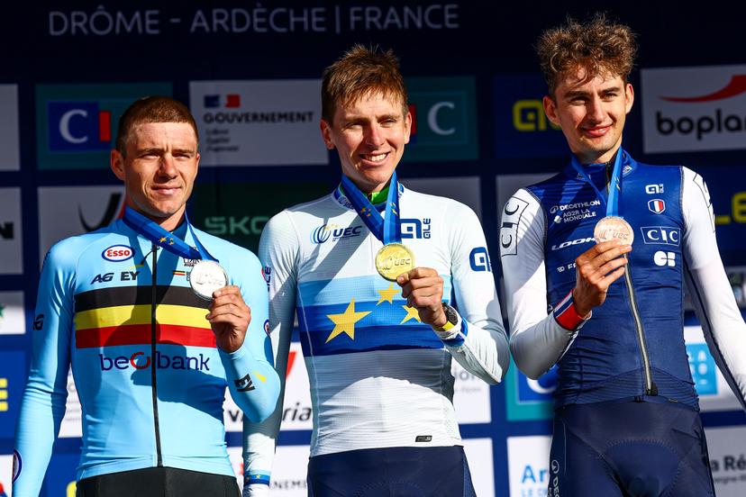 Belgium Remco Evenepoel, Slovenia Tadej Pogacar and France Paul Seixas pictured on the podium after the Men Elite raod race, a 202,5 km from Privas to Guilherand-Granges, at the UEC road European cycling championships, Sunday 05 October 2025, France. The European cycling championships Drome-Ardeche takes place from 1 to 5 October, France. BELGA PHOTO DAVID PINTENS