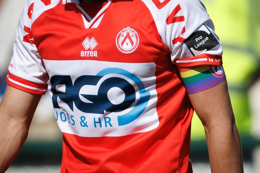 Kortrijk's Nayel Mehssatou wears a rainbow captain's armband for the Football for All campaign a soccer match between KV Kortrijk and Sint-Truidense VV, Saturday 10 May 2025 in Kortrijk, on day 6 (out of 6) of the Relegation Play-offs of the 2024-2025 'Jupiler Pro League' first division of the Belgian championship. BELGA PHOTO KURT DESPLENTER