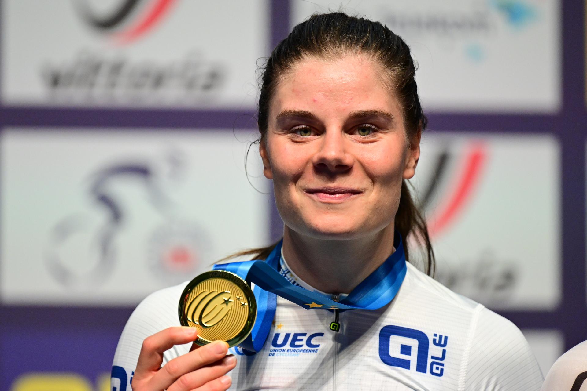 Winner Belgian Lotte Kopecky celebrates on the podium wearing the European champion jersey of the women's Elimination Race Event on the second day of the 2026 UEC Track Elite European Championships, in Konya, Turkey, Monday 02 February 2026. The European Championships take place from 01 to 05 February 2026. BELGA PHOTO DIRK WAEM
