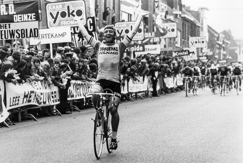 Belgian Walter Godefroot pictured cheering as he win the 3rd stage of the Tour of Belgium, in Mol, Monday 29 March 1976. Godefroot won the race and Maertens earned the blue jersey.  BELGA PHOTO GOB/SL