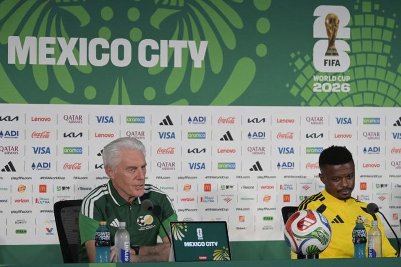 South Africa's Belgian head coach Hugo Broos (L) and midfielder Teboho Mokoena (R) give a press conference at the Mexico City Stadium in Mexico City on June 10, 2026, on the eve of the 2026 World Cup football match between Mexico and South Africa.  Alfredo ESTRELLA / AFP