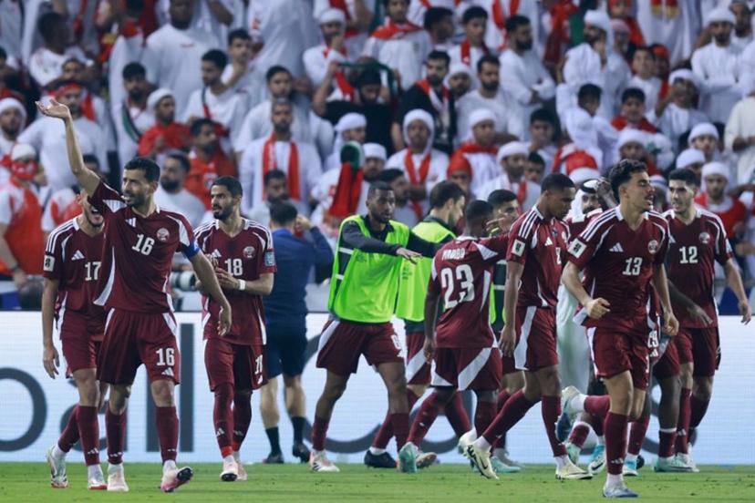 Qatar's players celebrate their opening goal during the FIFA World Cup 2026 Asian qualifier football match between Qatar and the UAE at Jassim Bin Hamad Stadium in Doha on October 14, 2025.  Karim JAAFAR / AFP