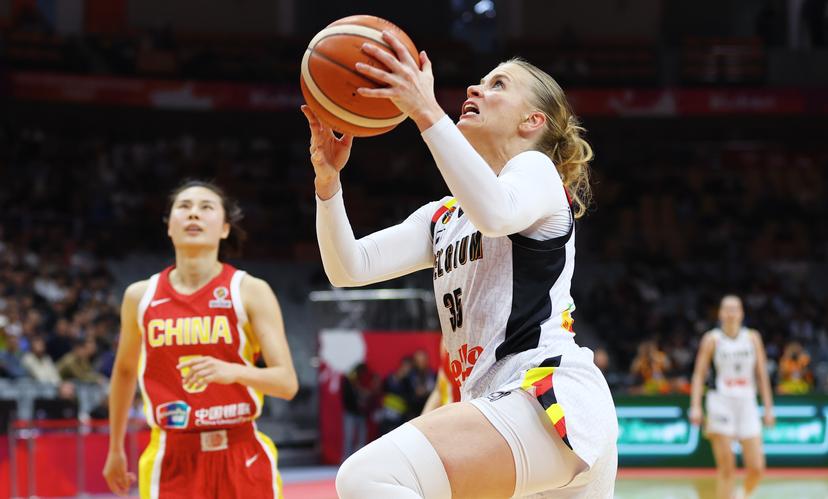 Belgium's Julie Vanloo fights for the ball during a basket game between China and Belgium's national team Belgian Cats, in Wuhan, China, on Thursday 12 March 2026, the second game (out of 5) of the qualifications phase for the World Cup Basket tournament. BELGA PHOTO NIKOLA KRSTIC