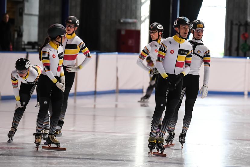 Belgian shorttrack skater Hanne Desmet, Belgian shorttrack skater Stijn Desmet and Belgian shorttrack skaters pictured during a training session of Belgian shorttrack skaters in Hasselt, Thursday 18 May 2023. BELGA PHOTO JILL DELSAUX