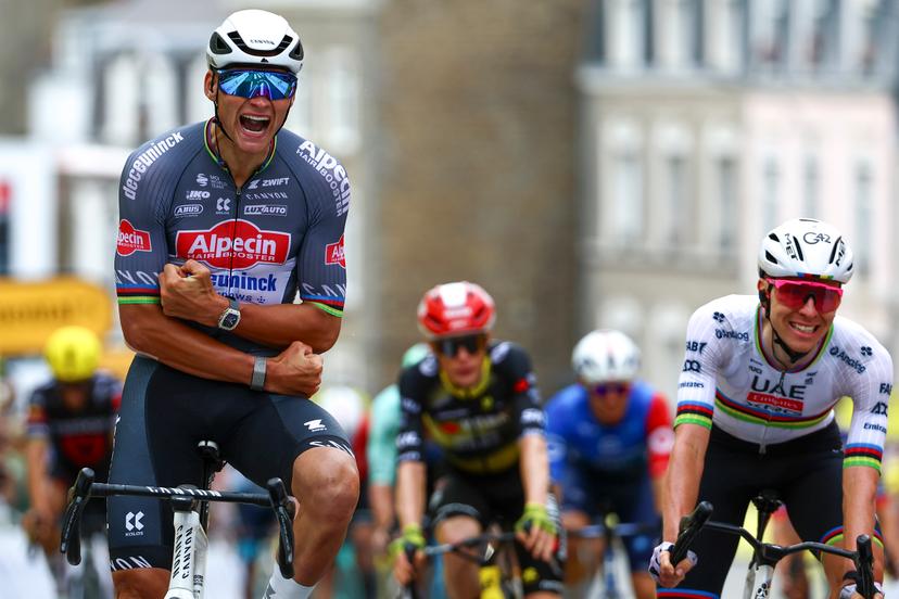 Dutch Mathieu van der Poel of Alpecin-Deceuninck celebrates after winning the second stage of the 2025 Tour de France cycling race, from Lauwin-Planque to Boulogne-sur-Mer (212 km), on Sunday 06 July 2025 in France. The 112th edition of the Tour de France starts on Saturday 5 July in Lille, and will finish in Paris on the 27th of July. BELGA PHOTO DAVID PINTENS
