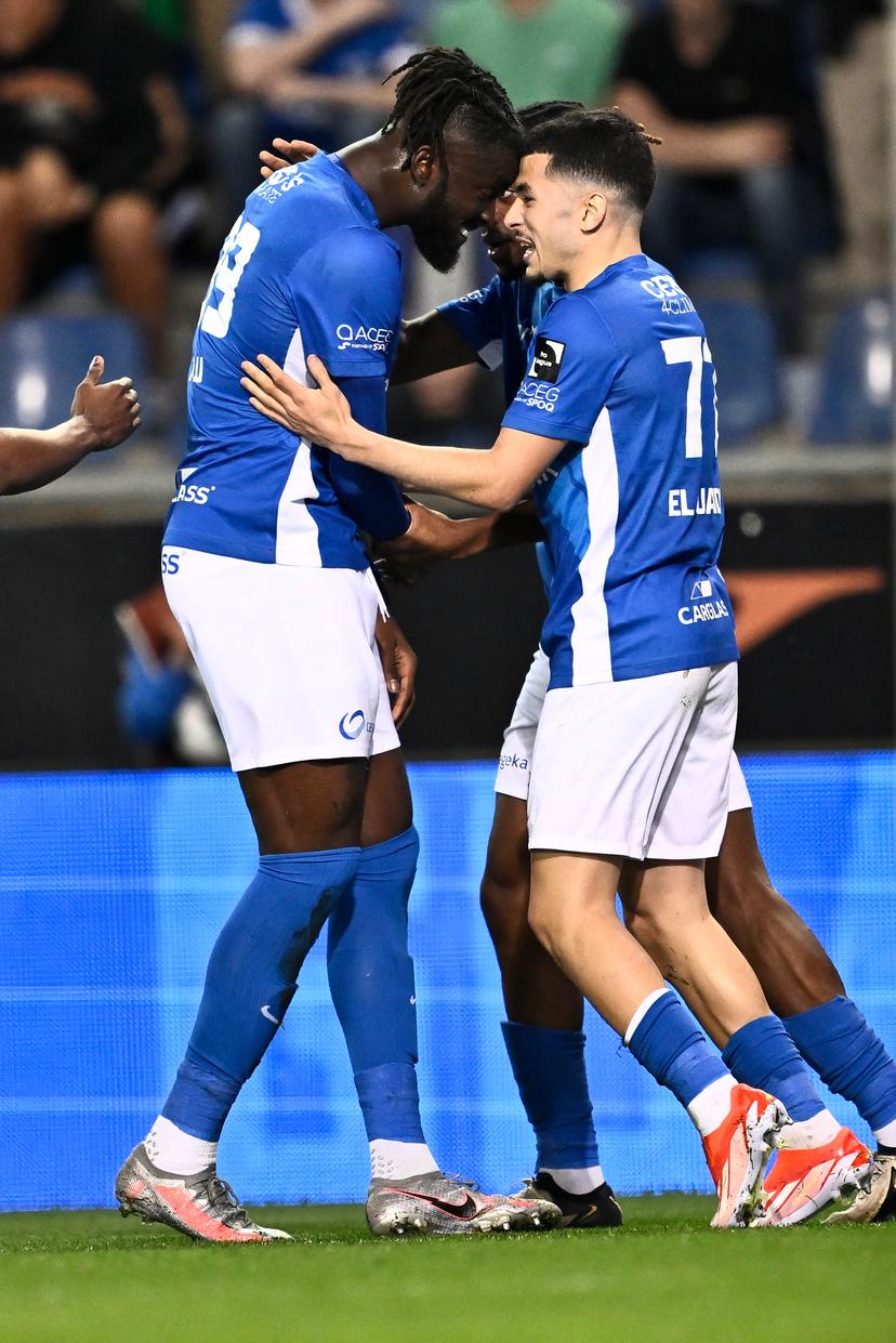 Genk's Tolu Toluwalase Arokodare and Genk's Zakaria El Ouahdi celebrate after scoring during a soccer match between KRC Genk and Cercle Brugge , Saturday 13 April 2024 in Genk, on day 3 (out of 10) of the Champions' Play-offs of the 2023-2024 'Jupiler Pro League' first division of the Belgian championship. BELGA PHOTO JOHAN EYCKENS