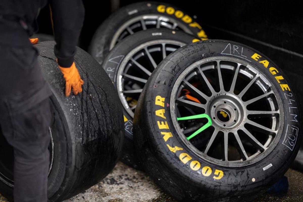 Tyres are pictured at a paddock of Le Mans' racetrack on June 12, 2024 in Le Mans, western France, during the preparation of Le Mans' 24-hours endurance race.   FRED TANNEAU / AFP