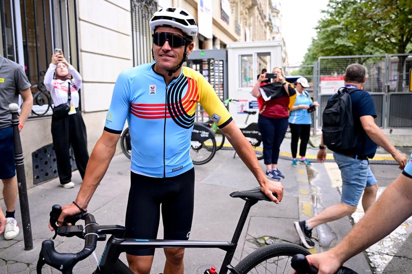 Belgian cyclist Greg Van Avermaet pictured during the arrival of the Ride to Paris at the Lotto Belgium House at the start of the Paris 2024 Olympic Games, on Friday 26 July 2024 in Paris, France . The Games of the XXXIII Olympiad are taking place in Paris from 26 July to 11 August. The Belgian delegation counts 165 athletes in 21 sports. BELGA PHOTO LAURIE DIEFFEMBACQ