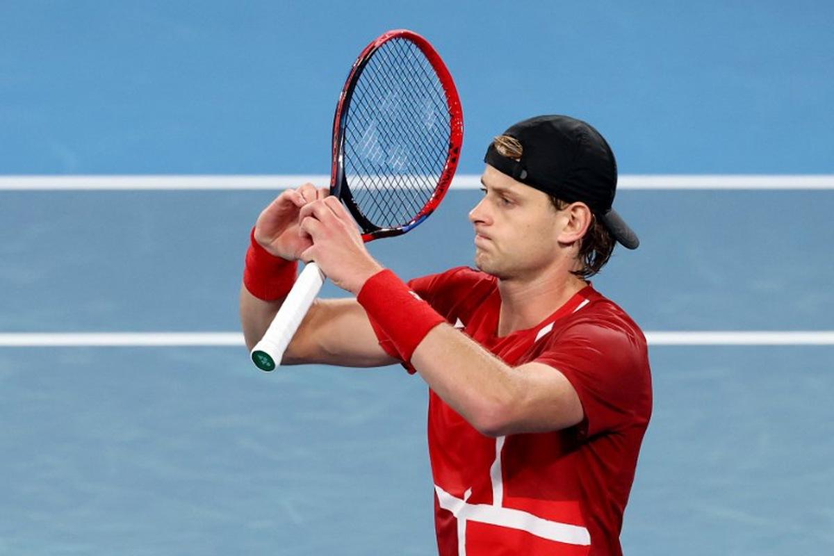 Belgium's Zizou Bergs reacts after defeating Australia's Jordan Thompson in the Davis Cup second-round qualifier tennis match at Ken Rosewall Arena in Sydney on September 13, 2025.   DAVID GRAY / AFP