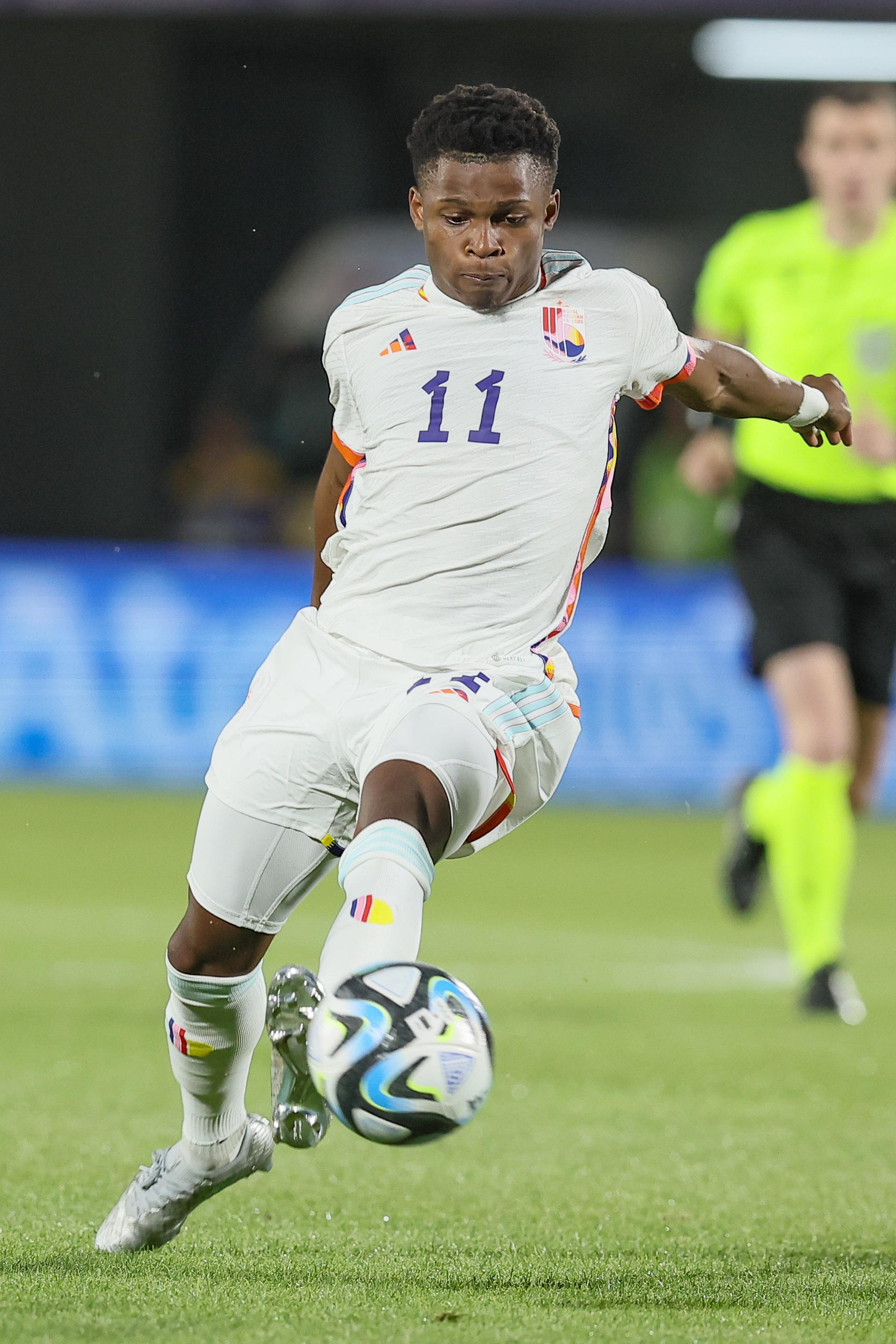 Belgium's Largie Ramazani pictured in action during the third game of the group stage (group A) between Portugal and Belgium at the UEFA Under21 European Championships, in Tbilisi, Georgia, Tuesday 27 June 2023. The UEFA Under21 European Championships take place from 21 June to 08 July in Georgia and Romania. BELGA PHOTO BRUNO FAHY