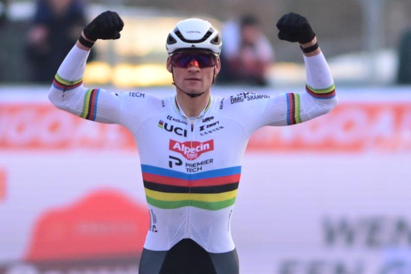 Dutch Mathieu Van Der Poel celebrates on the finish line as he wins the men's elite race at the World Cup cyclocross cycling event in Zonhoven on Sunday 04 January 2026, stage 9 (out of 12) of the UCI World Cup competition. BELGA PHOTO DAVID PINTENS