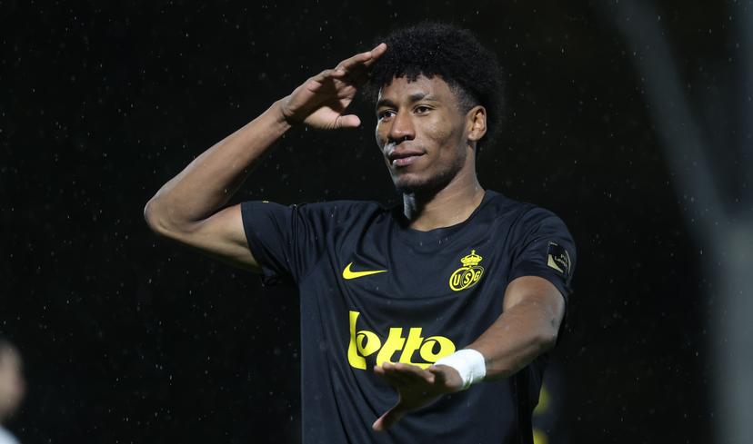 Union's Kevin Rodriguez celebrates after scoring during a soccer game between Tubize-Braine (1N) and Royale Union Saint-Gilloise, in the 1/16 final of the Croky Cup Belgian cup, Wednesday 29 October 2025 in Tubize. BELGA PHOTO VIRGINIE LEFOUR