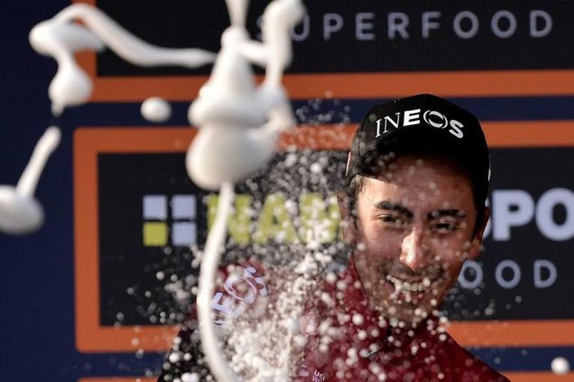 Colombian Ineos rider Ivan Ramiro Sosa celebrates his second place of the one-day semi-Classic Gran Piemonte cycling race, between Aglie and Santuario di Oropa, Biella, North of Turin, on October 10, 2019.  MARCO BERTORELLO / AFP