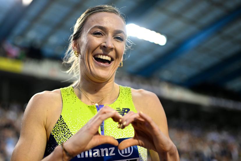 Belgian Paulien Couckuyt celebrates a Belgian record at the women's 400m hurdles, at the 50th edition of the Memorial Van Damme Diamond League athletics event in Brussels, Friday 4 September 2026.  BELGA PHOTO JASPER JACOBS