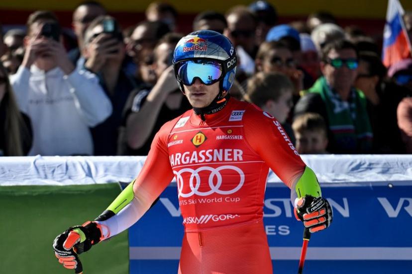 Switzerland's Marco Odermatt reacts after crossing the finish line during the second run of the Men's Giant Slalom event, part of FIS Alpine Ski World Cup 2025-2026 in Kranjska Gora, Slovenia, on March 7, 2026.  JURE MAKOVEC / AFP